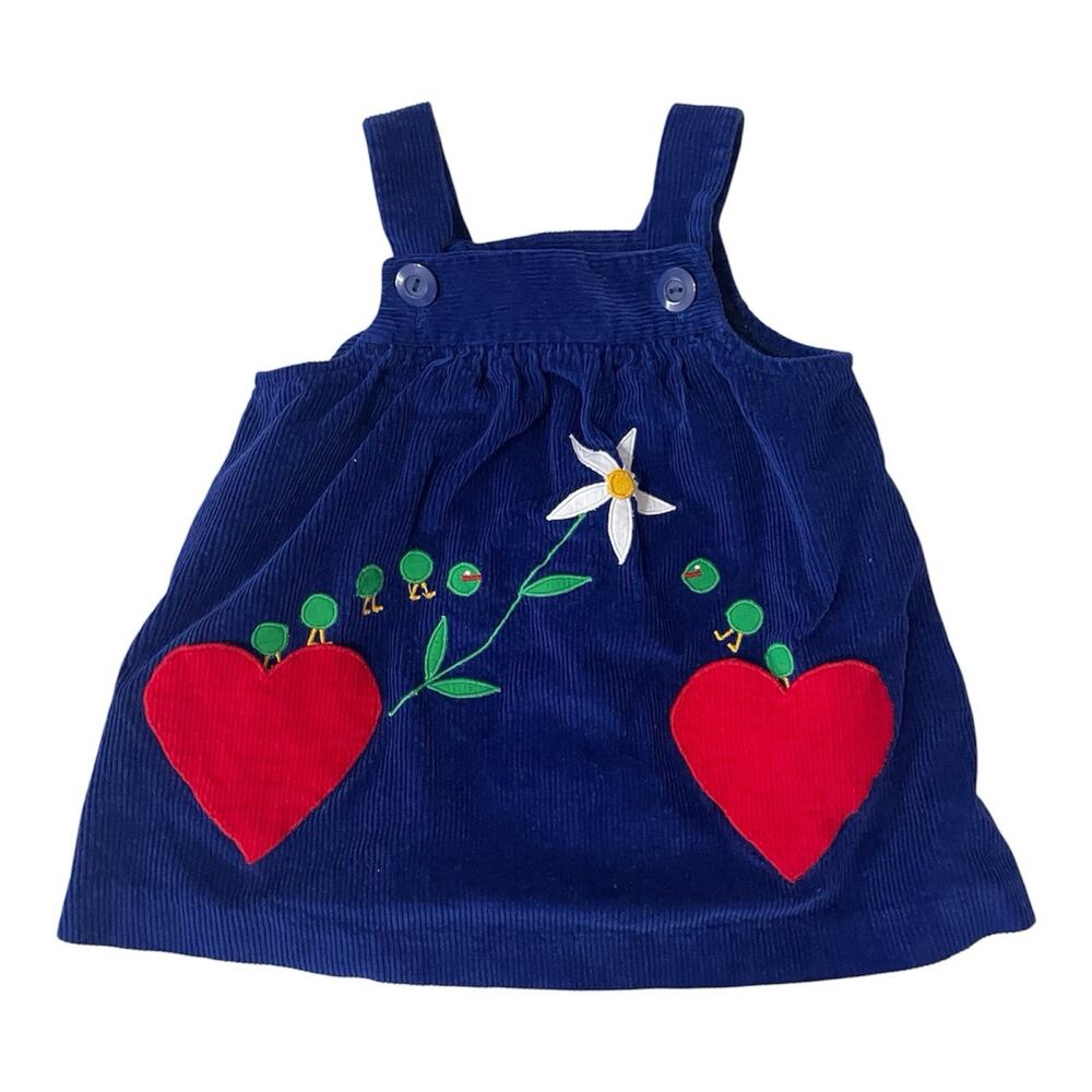 Alyssa Corduroy Jumper Dress Blue Red Size 2T Girls Vintage 1980s Heart Bugs